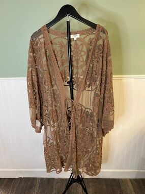 Umgee Brown Sheer Crochet Lace Kimono Cardigan size L